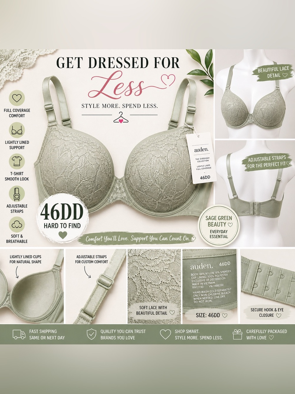 Auden 46DD Lightly Lined Full Coverage T-Shirt Bra Sage Green Lace NWT